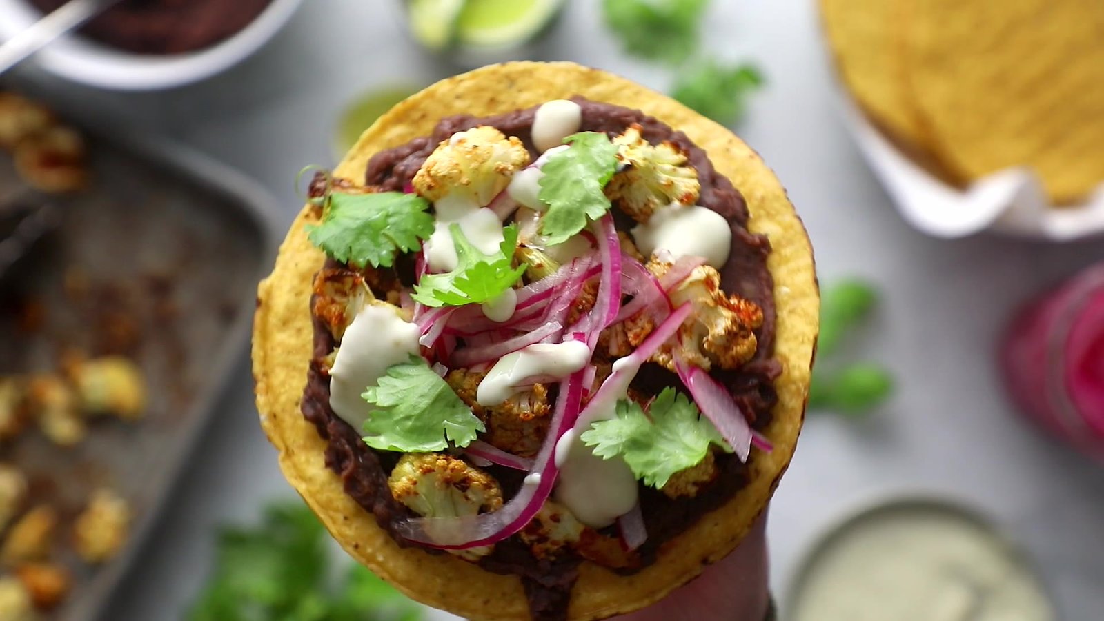 Cauliflower Black Bean Tostadas with Queso and Pickled Onion: A Flavor-Packed Vegetarian Delight